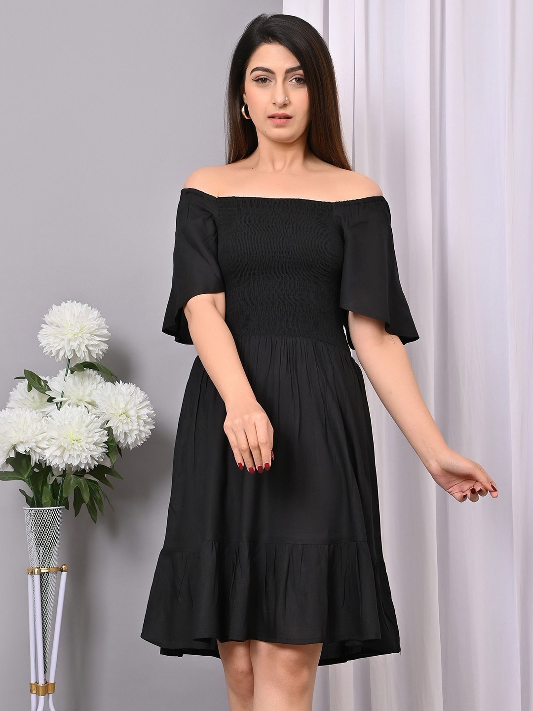 

IQRAAR Flared Sleeve Fit & Flare Dress, Black