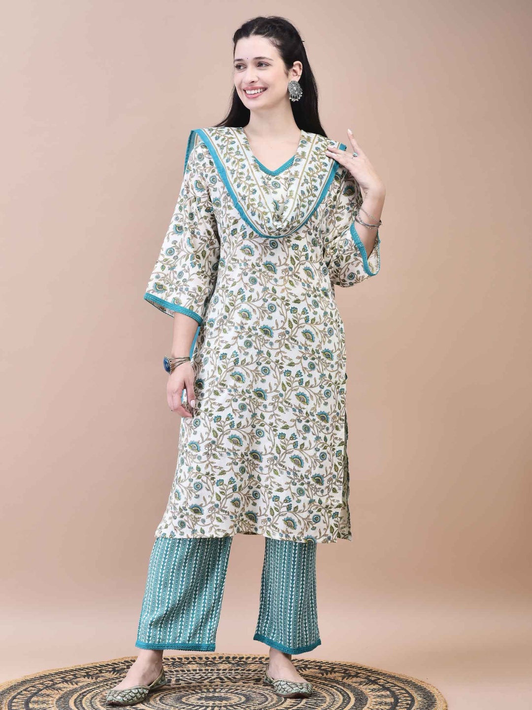 

Shree Women Floral Printed Regular Pure Cotton Kurta with Trousers & With Dupatta, Teal