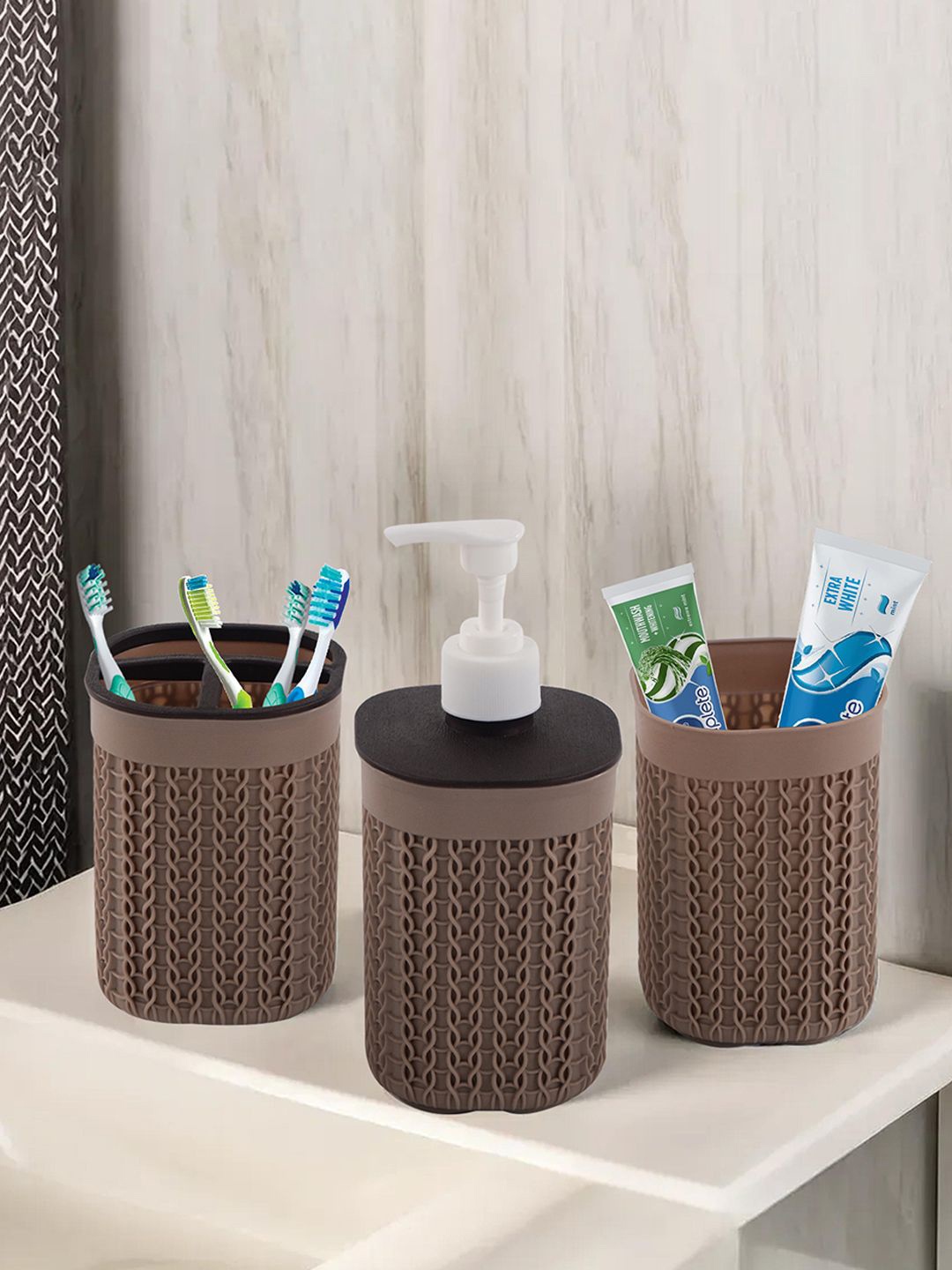 

Kuber Industries Brown and White 3 Pieces Textured Soap Dispensers