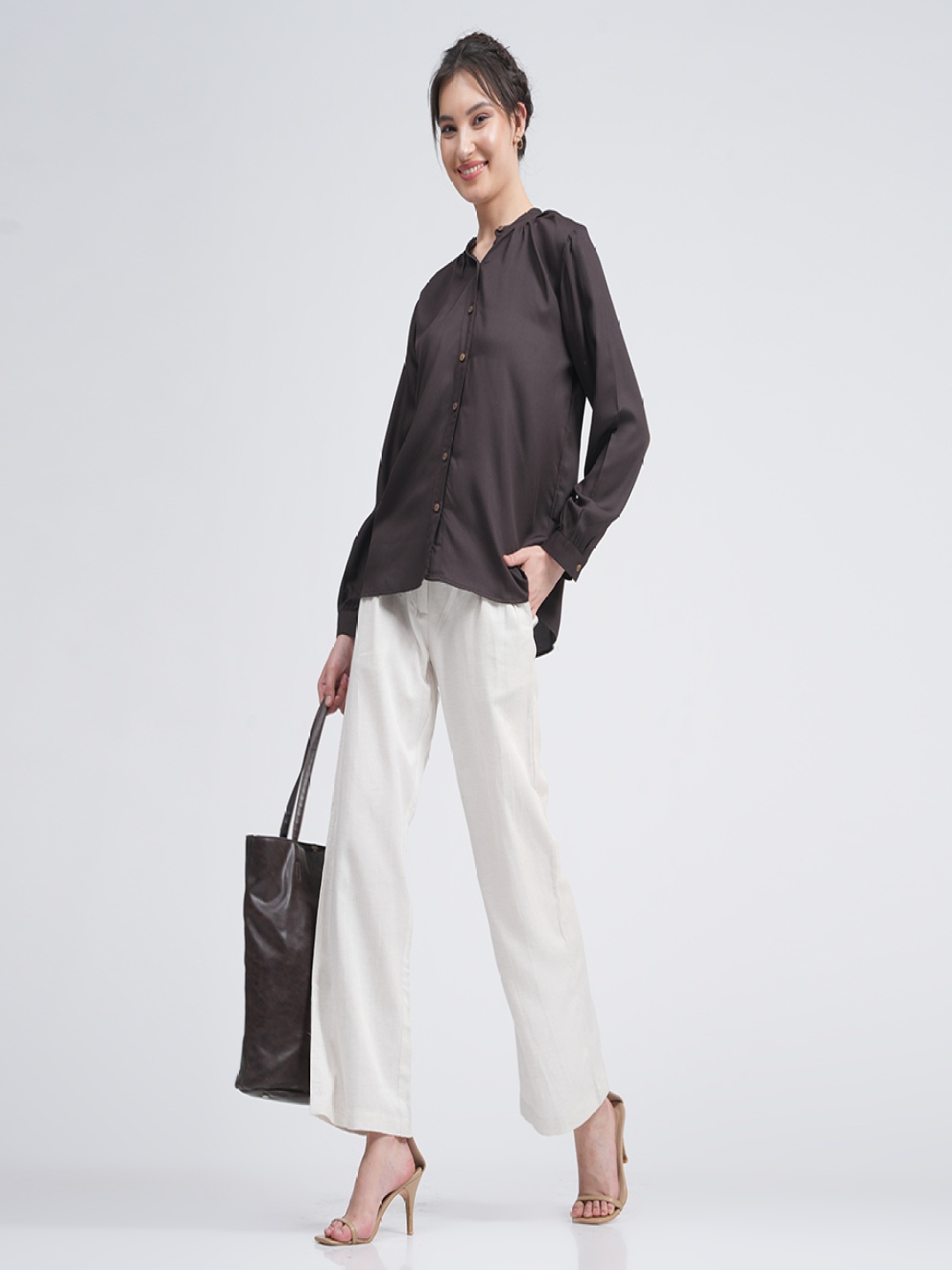 

Saltpetre Band Collar Linen Shirt With Trouser Co-Ords, Coffee brown