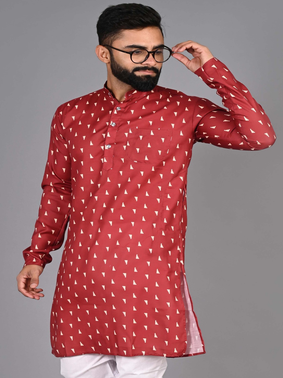 

PulseIQ Geometric Printed Band Collar Straight Kurta, Maroon
