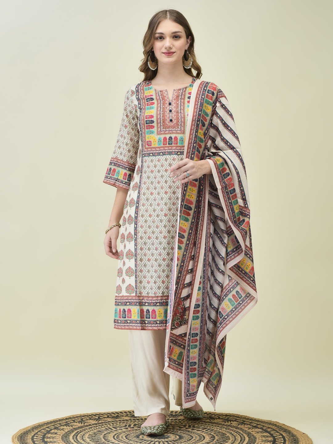 

Shree Women Floral Printed Regular Liva Kurta with Trousers & With Dupatta, Beige