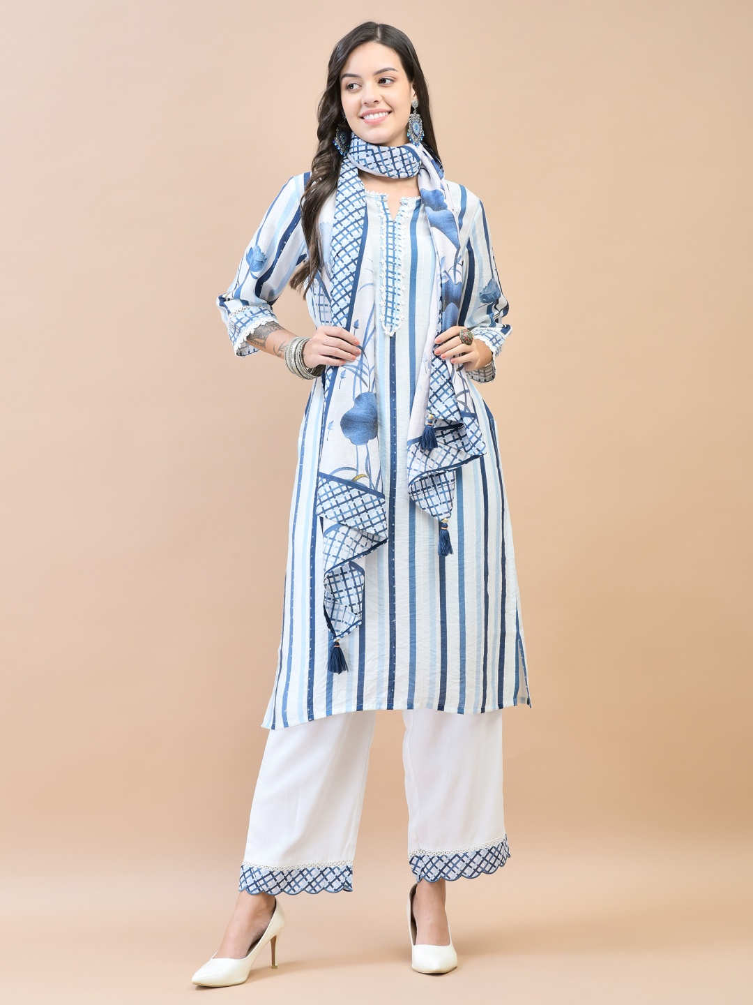 

Shree Women Striped Regular Liva Kurta with Trousers & With Dupatta, White