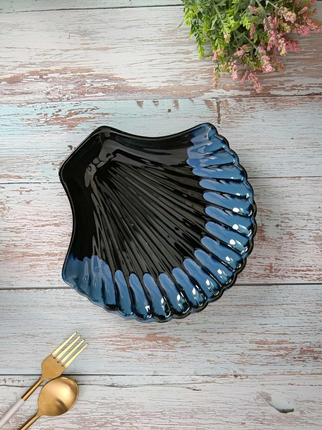 

Myntra Elegant Homes Black & Blue Ceramic Hand-Painted Sea Shell Serving Platter