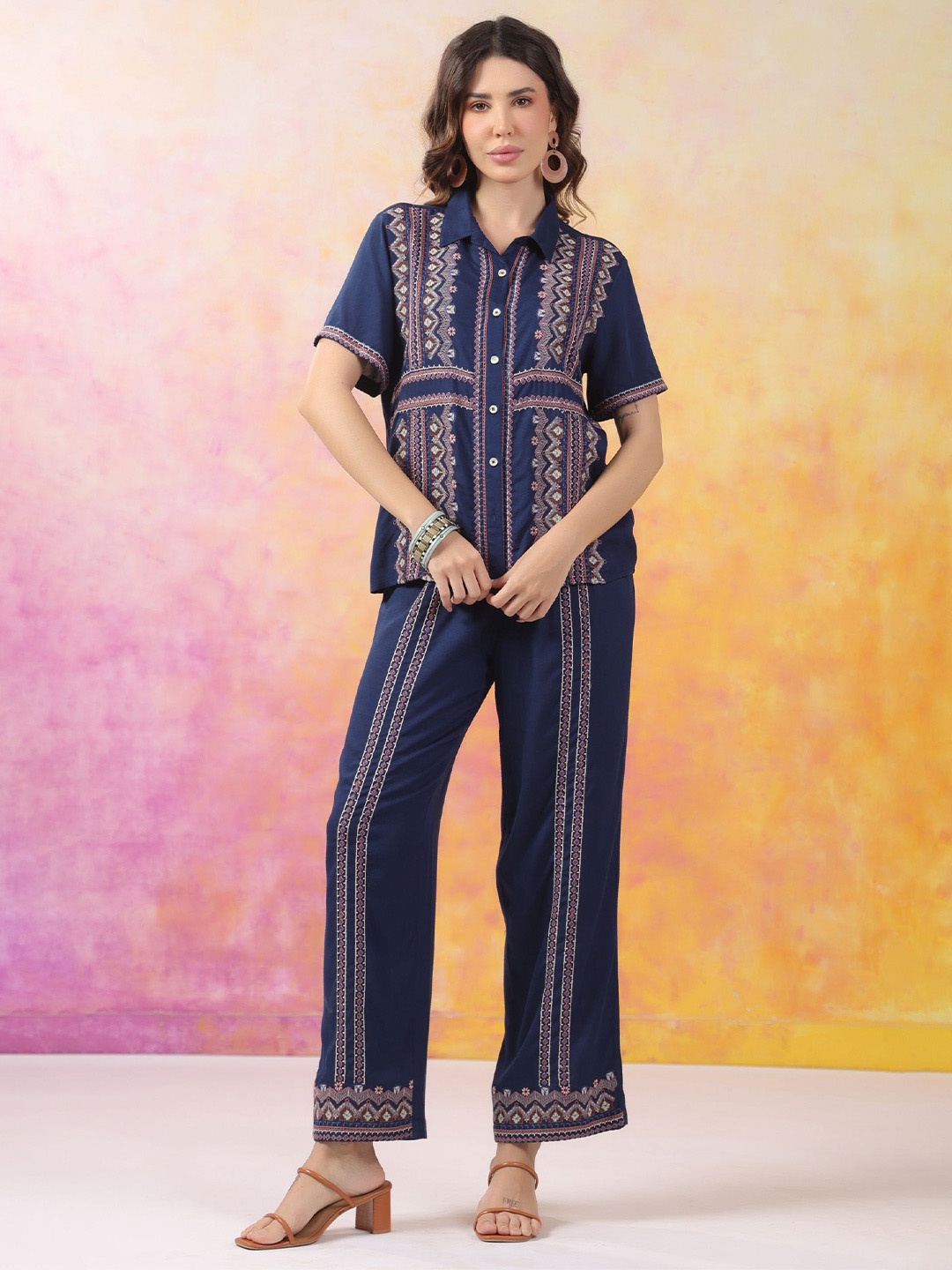 

Nyaro Embroidered Rayon Shirt With Palazzo Co-Ord Set, Blue