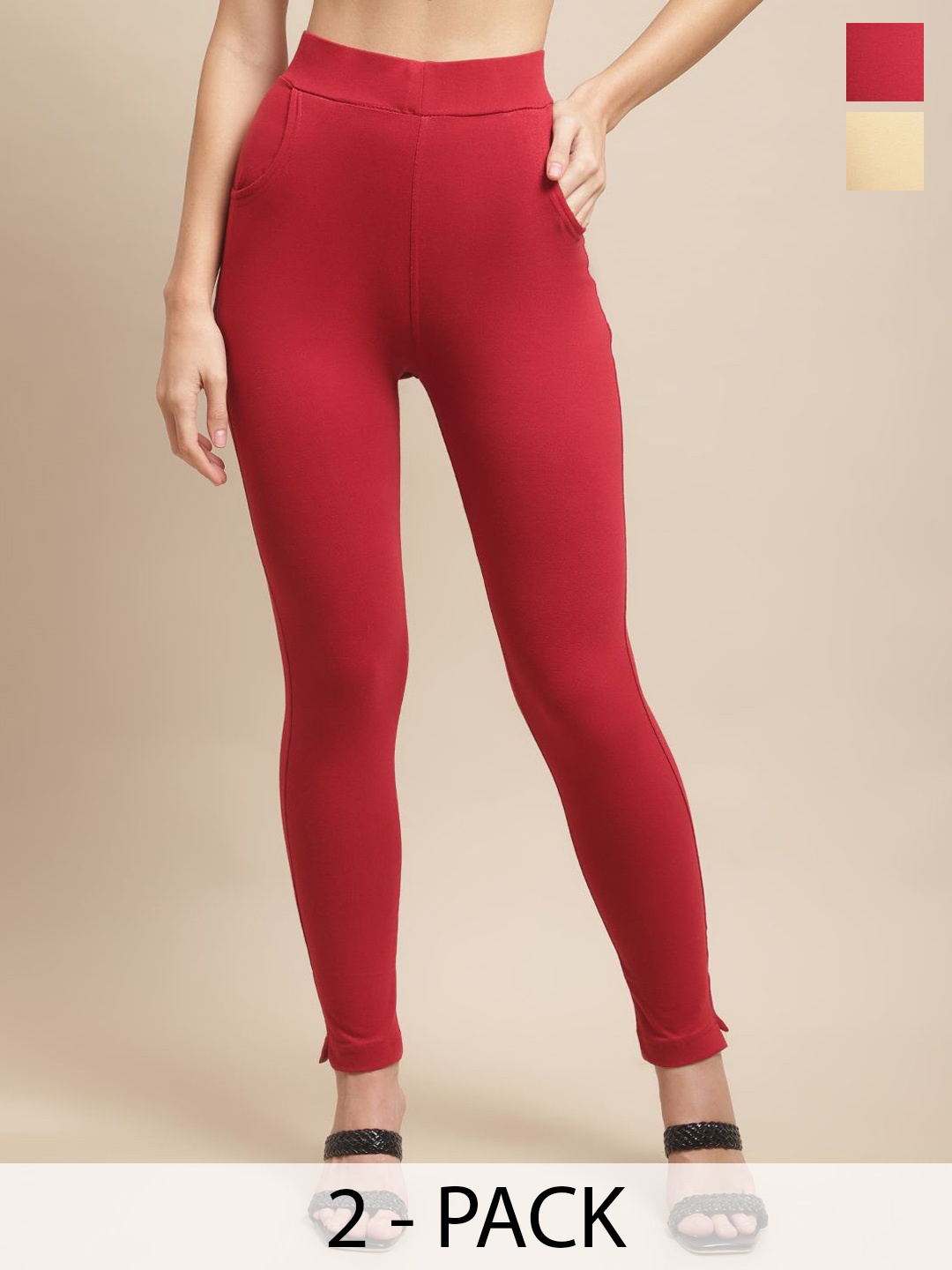 

Valles365 by S.C. Women Pack Of 2 Pure Cotton Ankle Length Leggings, Maroon