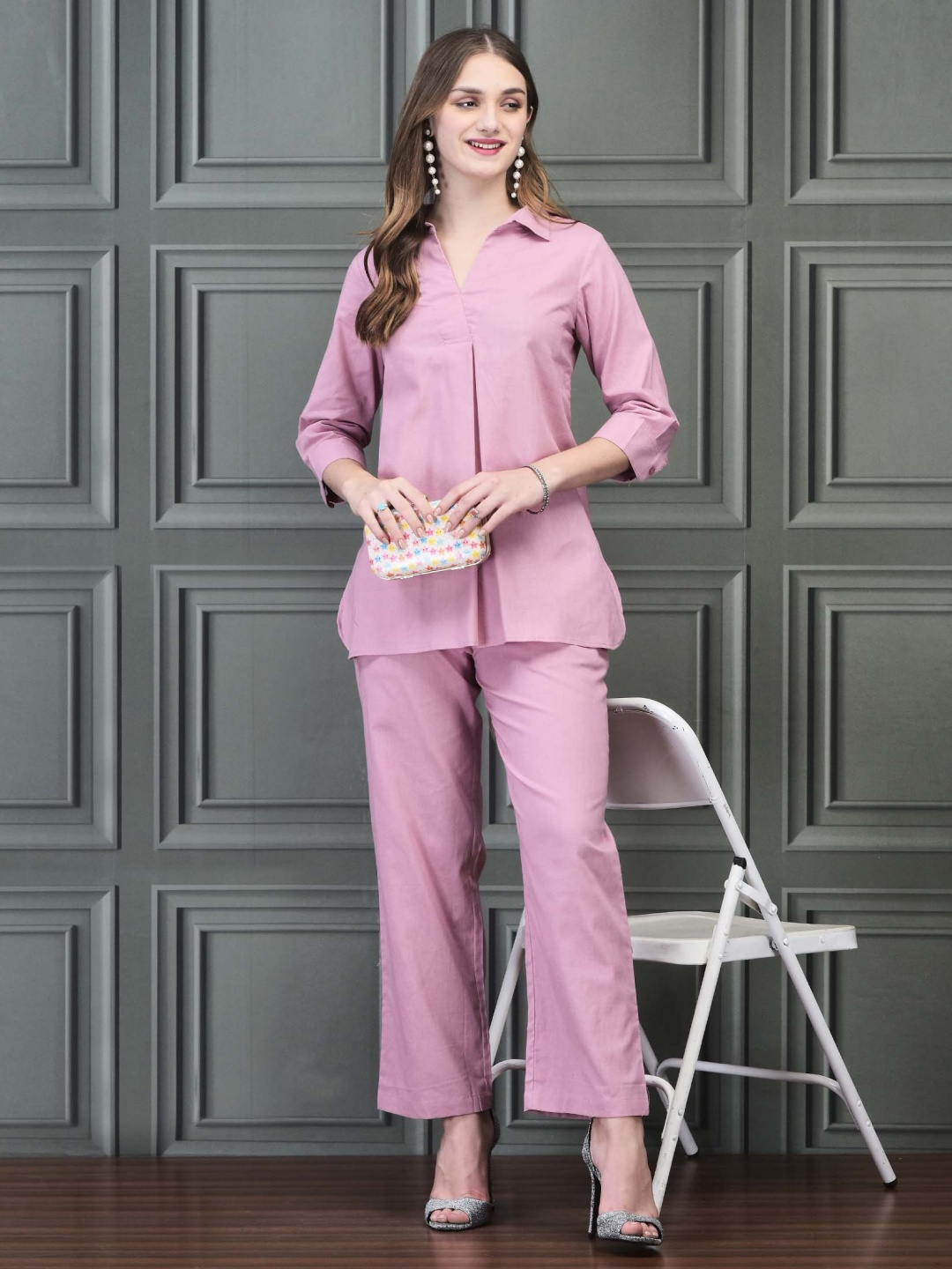

Shree Shirt Collar Neck Linen Tunic & Trouser, Pink