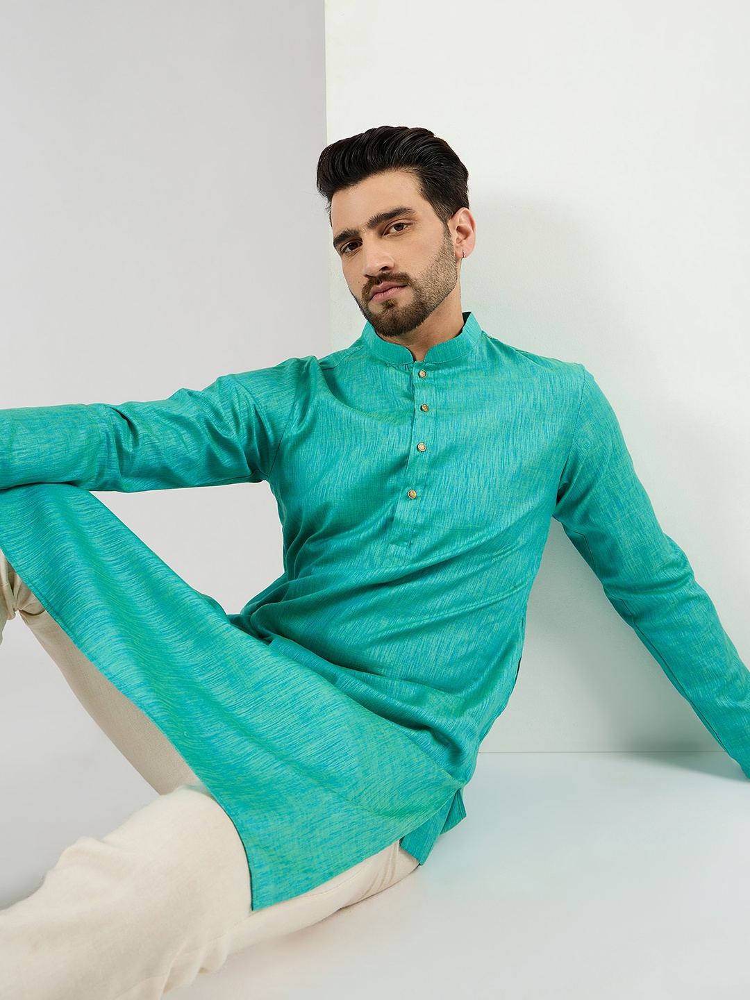 

House of Pataudi Woven Design Cotton Straight Kurta, Teal