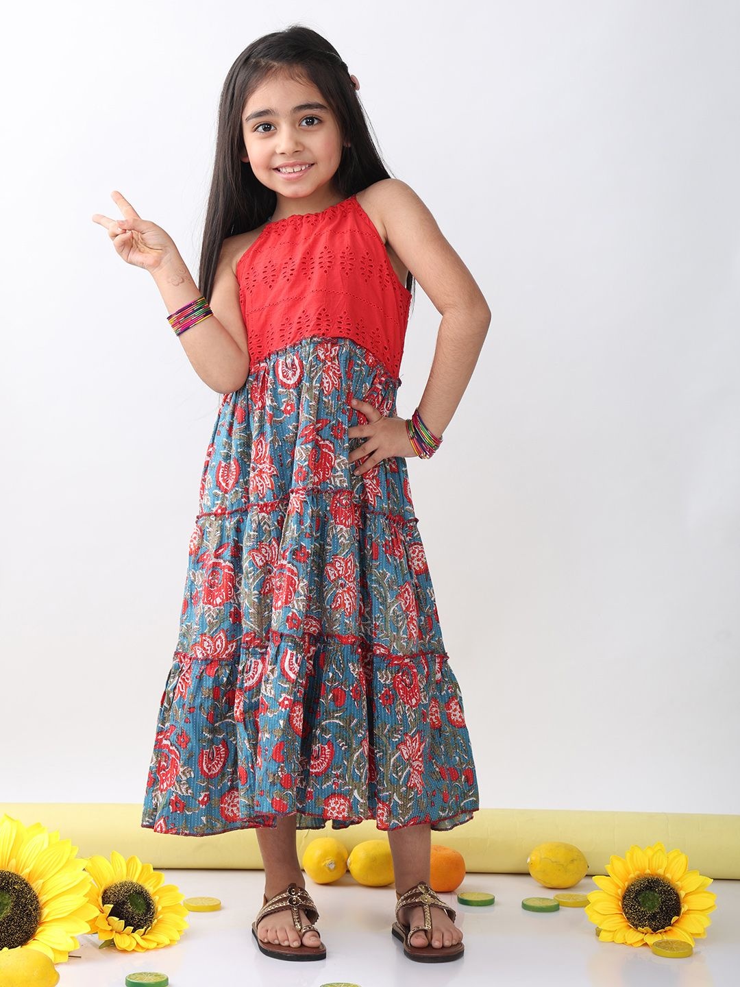 

Here&Now X Kinder Kids Floral Print A-Line Maxi Dress, Blue