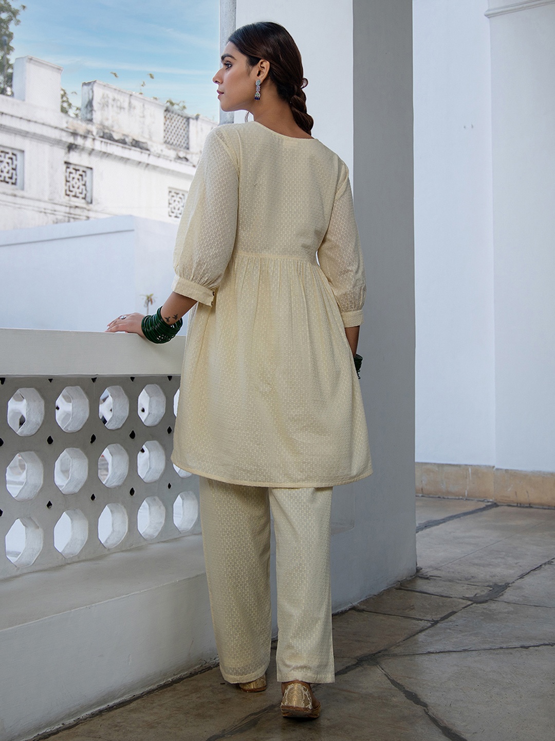 

KALINI Self Design V-Neck Pure Cotton Tunic With Trouser, Cream