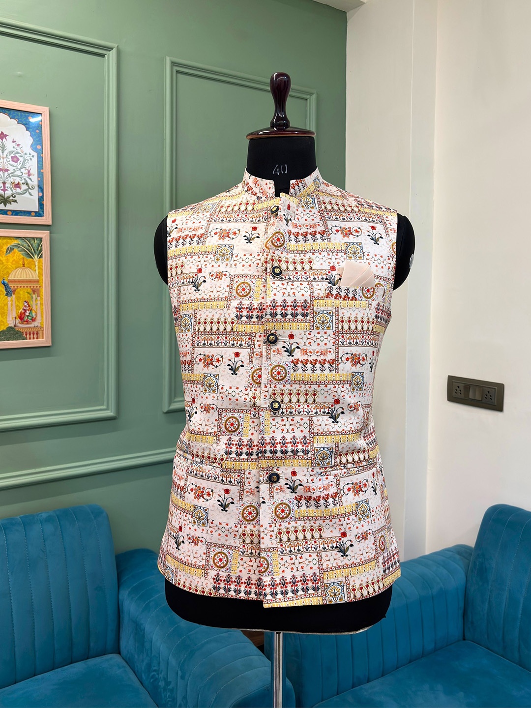 

JAIPURI CROWN Men Festive Wear Printed Nehru Jacket, Beige