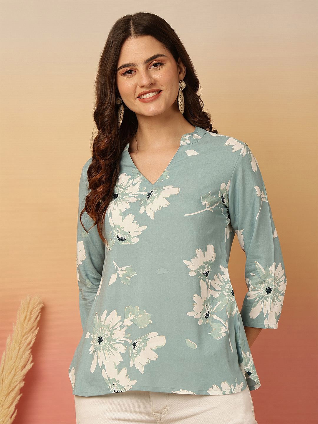 

Anouk Rustic Floral Print Mandarin Collar Wrap Top, Sea green