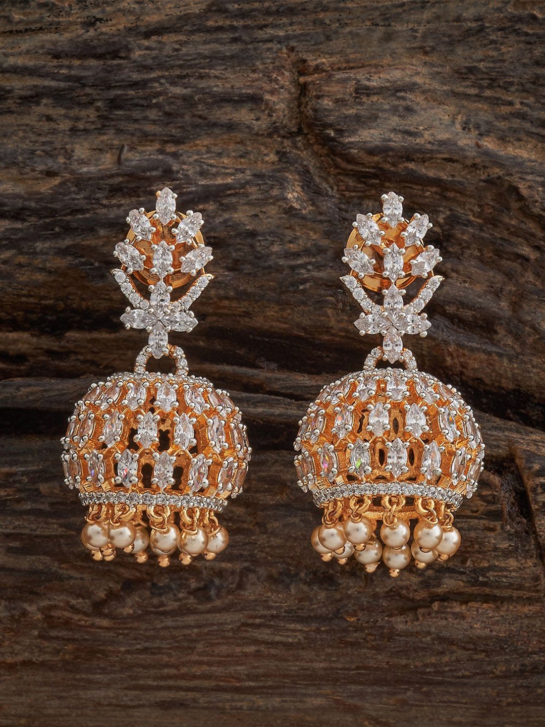 

Kushal's Fashion Jewellery Rhodium Gold-Plated Party Zircon Dome Shaped Jhumkas Earrings