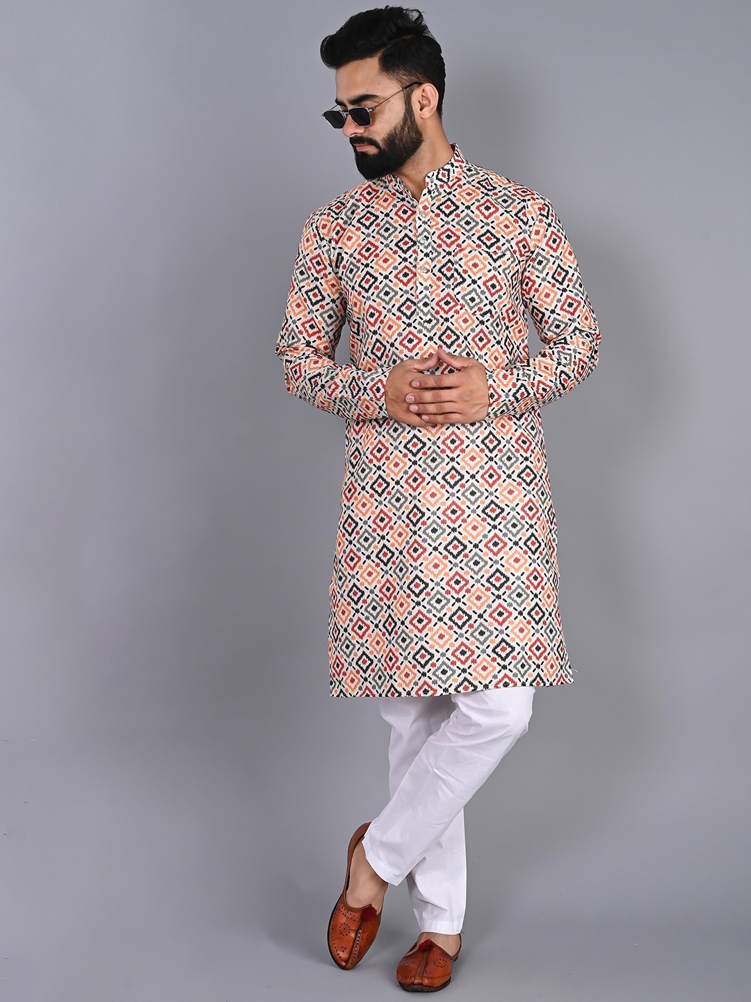 

PulseIQ Geometric Printed Cotton Mandarin Collar Straight Kurta, Orange