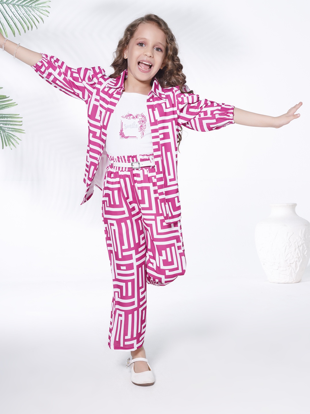 

Ministitch Girls Geometric Printed Shirt With Trouser & T-Shirt, Pink