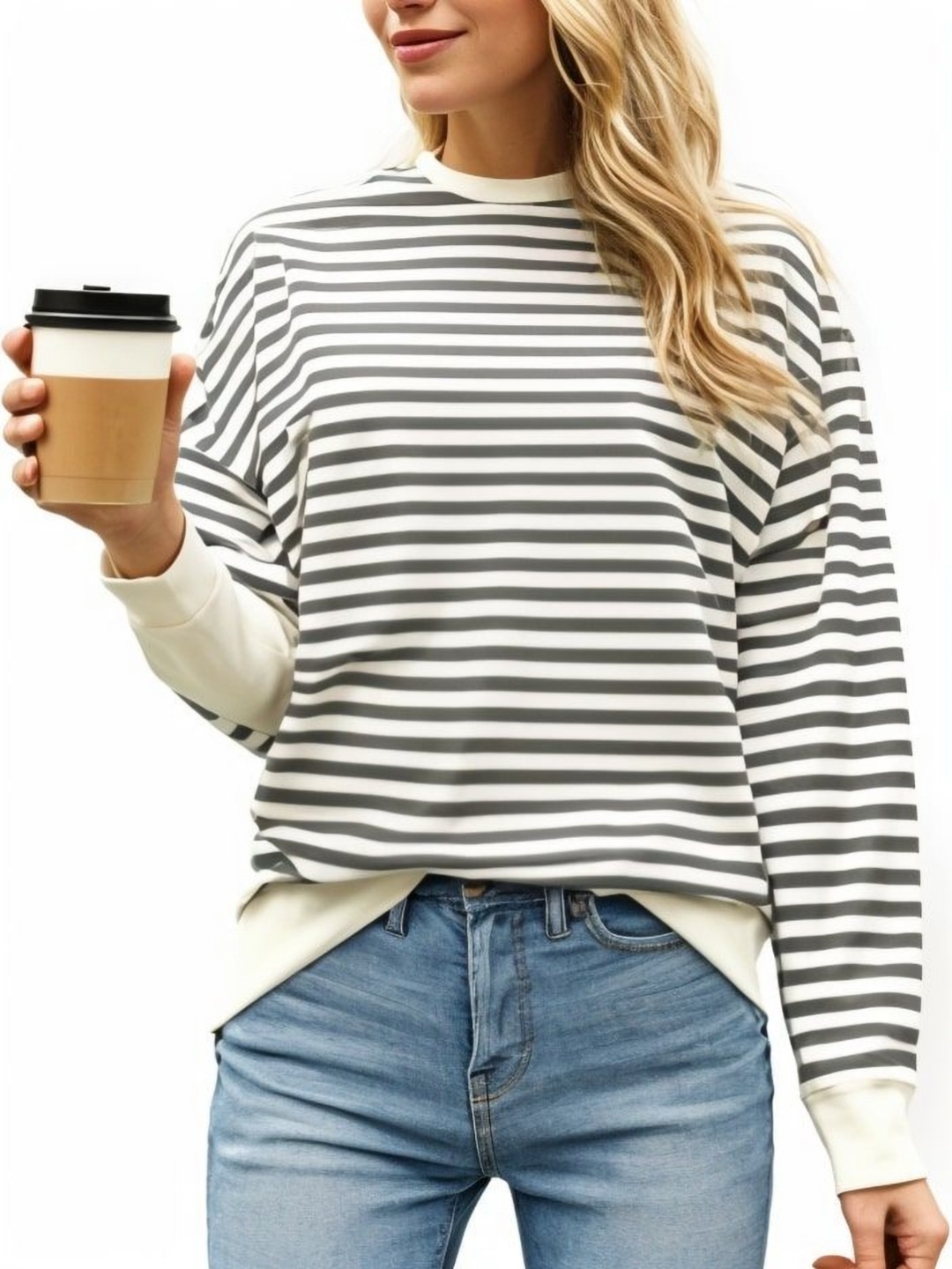 

DressBerry Women Striped Extended Sleeves Pockets T-shirt, Grey