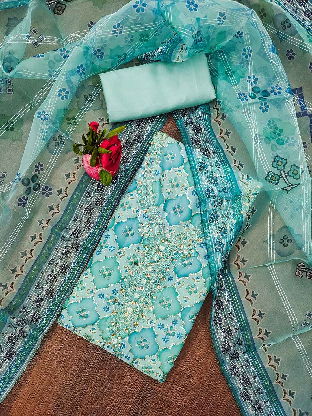

BlissFlair Ethnic Motifs Printed Beads Work Organza Unstitched Dress Material, Blue