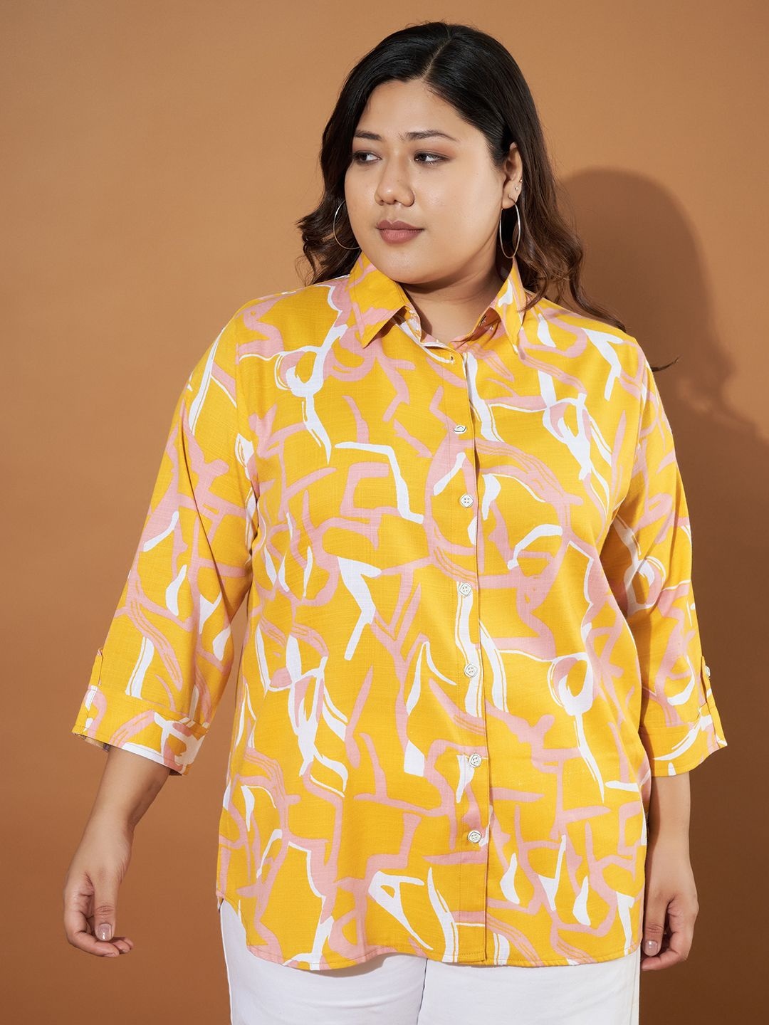 

Purple Feather Women Plus Size Printed Casual Shirt, Yellow