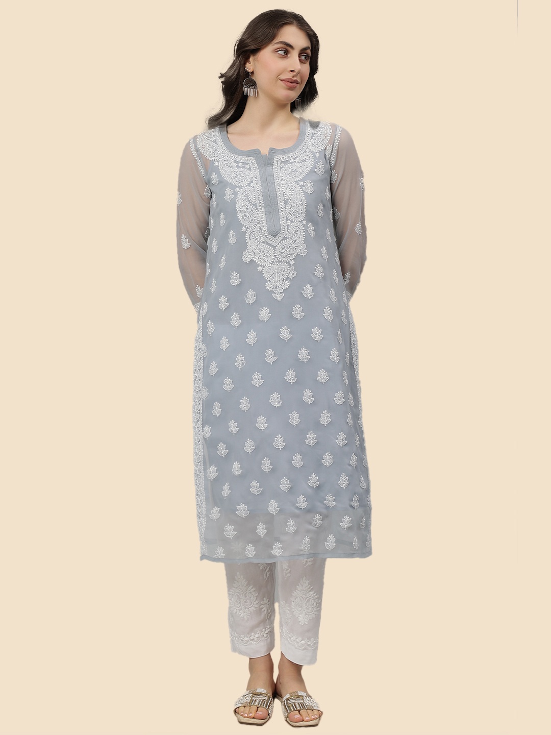 

Seva Chikan Floral Embroidered Chikankari Georgette Straight Kurta, Grey