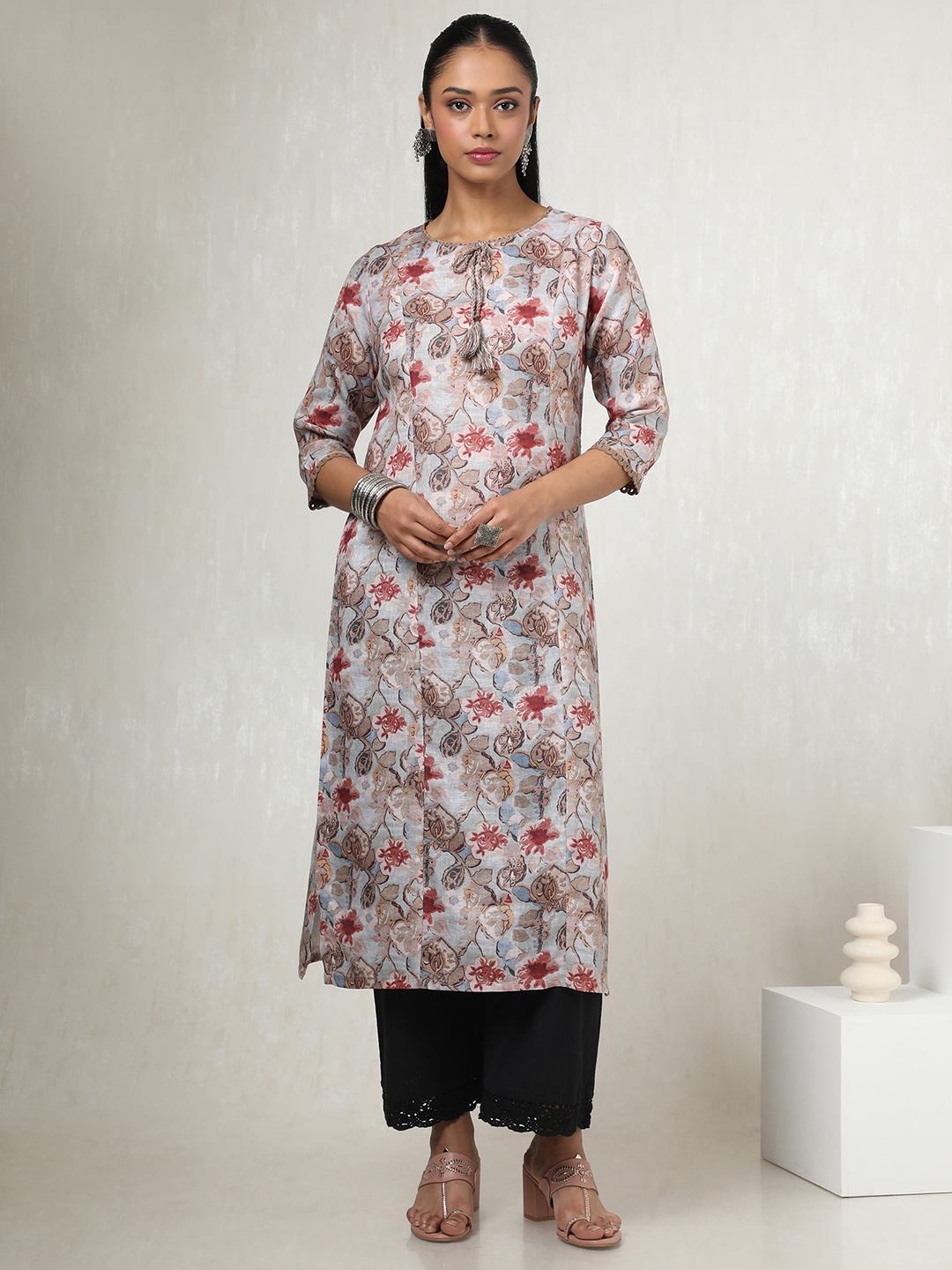 

Soch Floral Printed Tie-Up Neck Linen A-Line Kurta, Blue