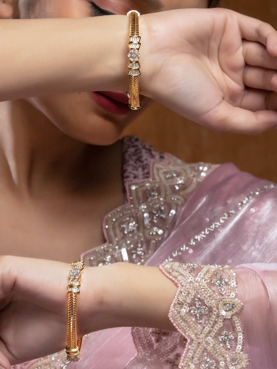 

Zevarly Set Of 2 Gold Plated American Diamond Studded Bangles