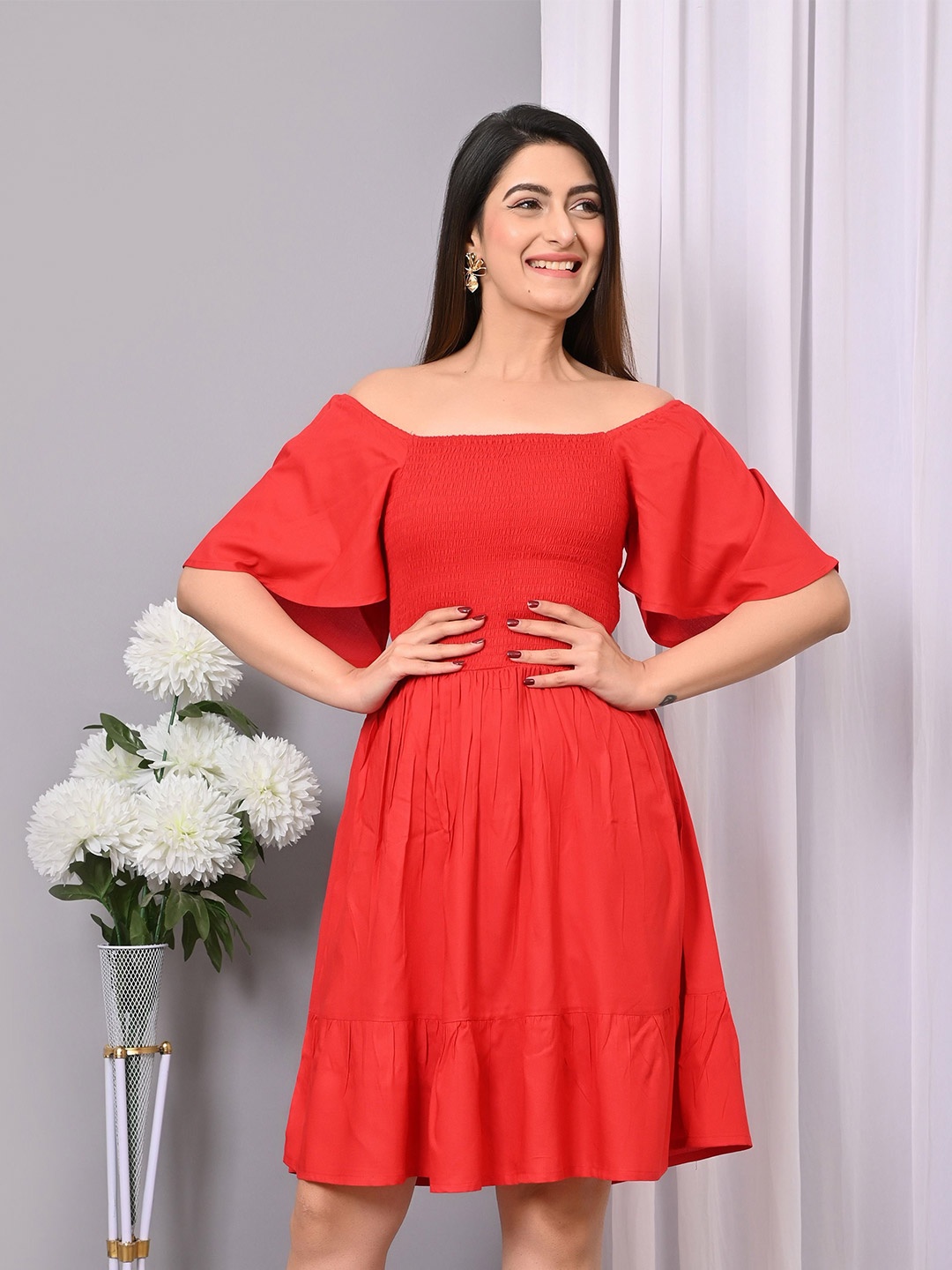 

IQRAAR Flared Sleeve Fit & Flare Dress, Red