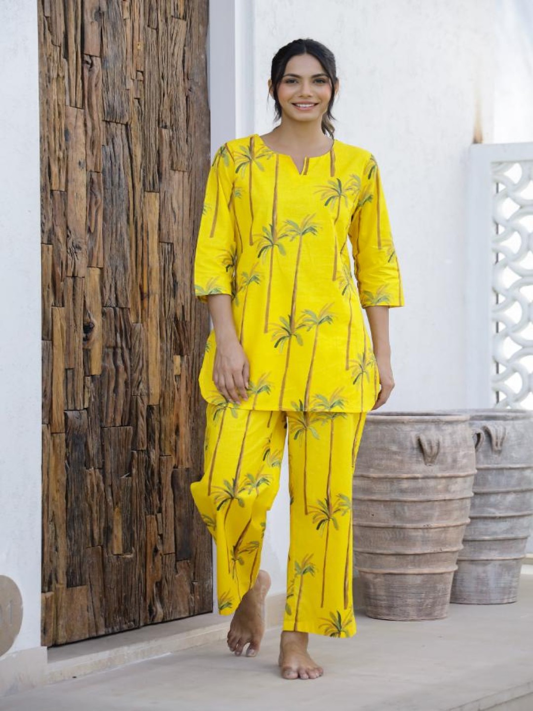 

FLAVIA CREATION Floral Printed Notch Neck Pure Cotton Top With Trousers, Yellow