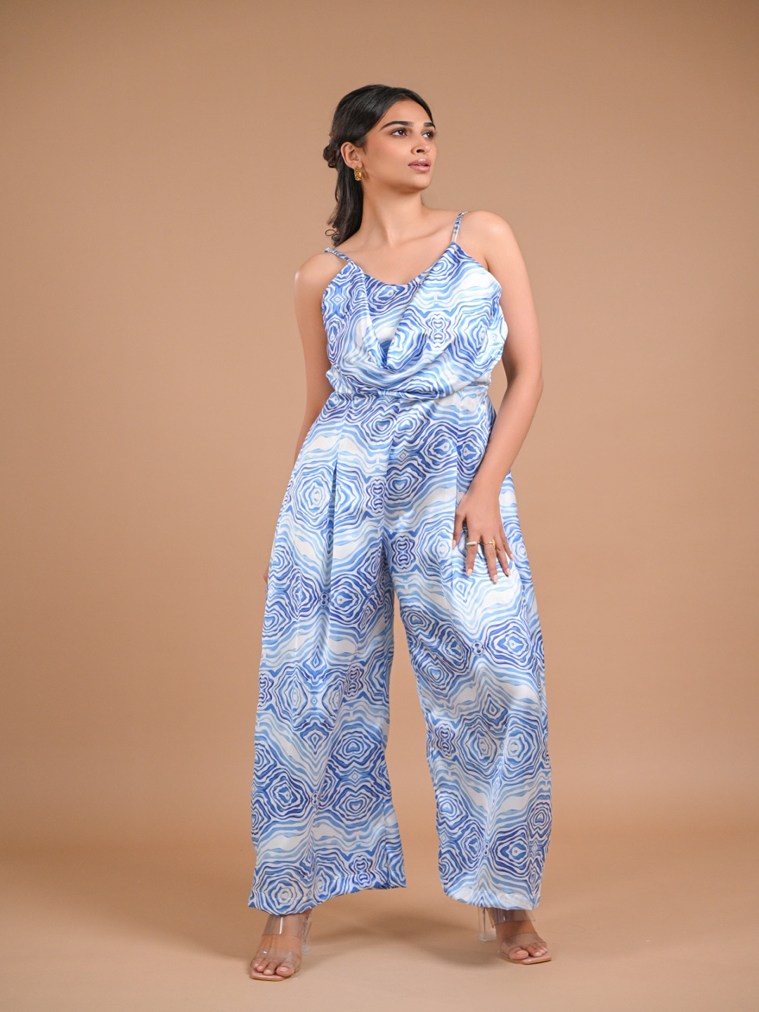 

aaRVee STUDIO Printed Shoulder Straps Neck Basic Jumpsuit, Blue