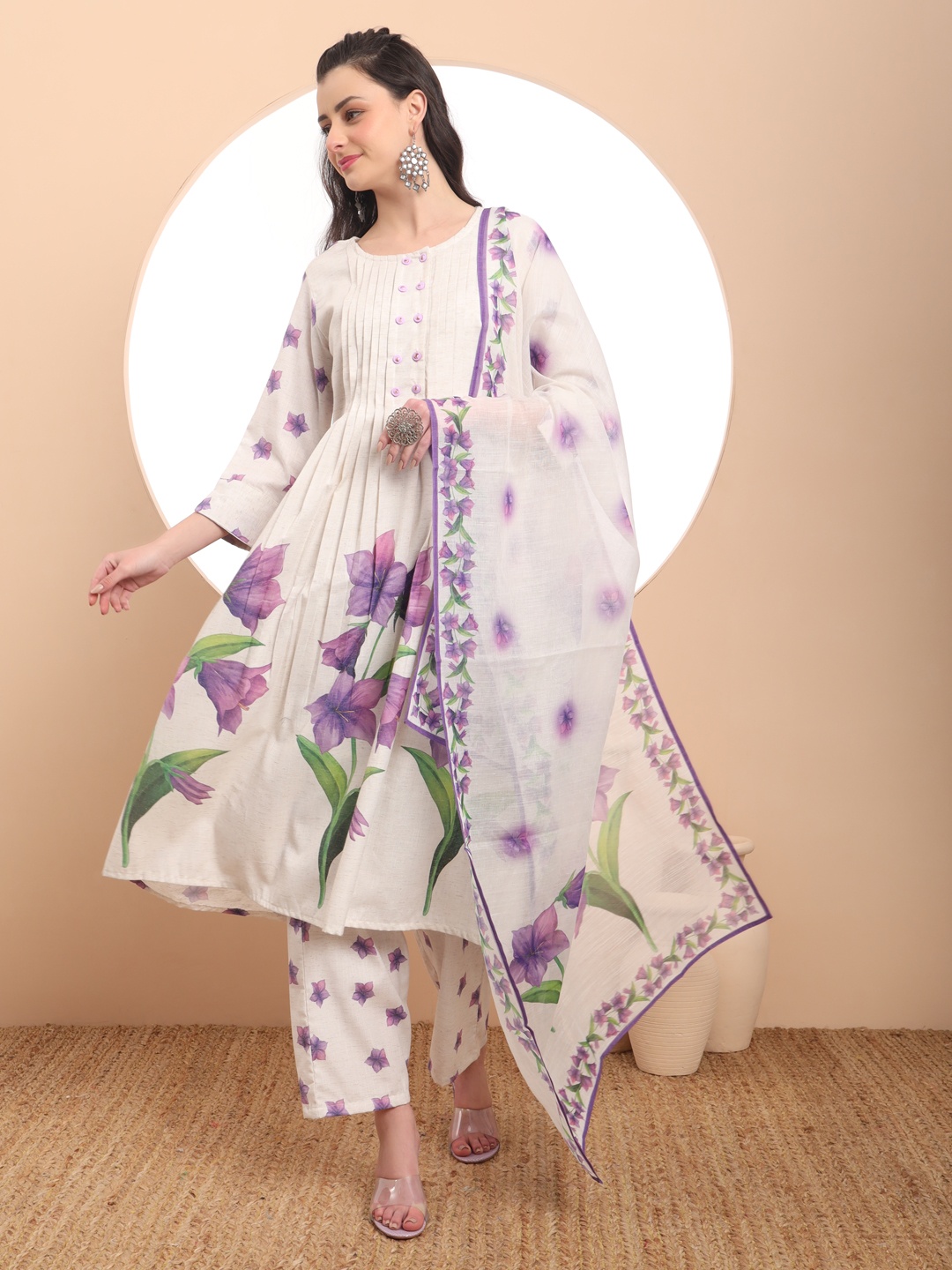 

Yufta Women Floral Printed Pleated Linen Kurta with Trousers & With Dupatta, White