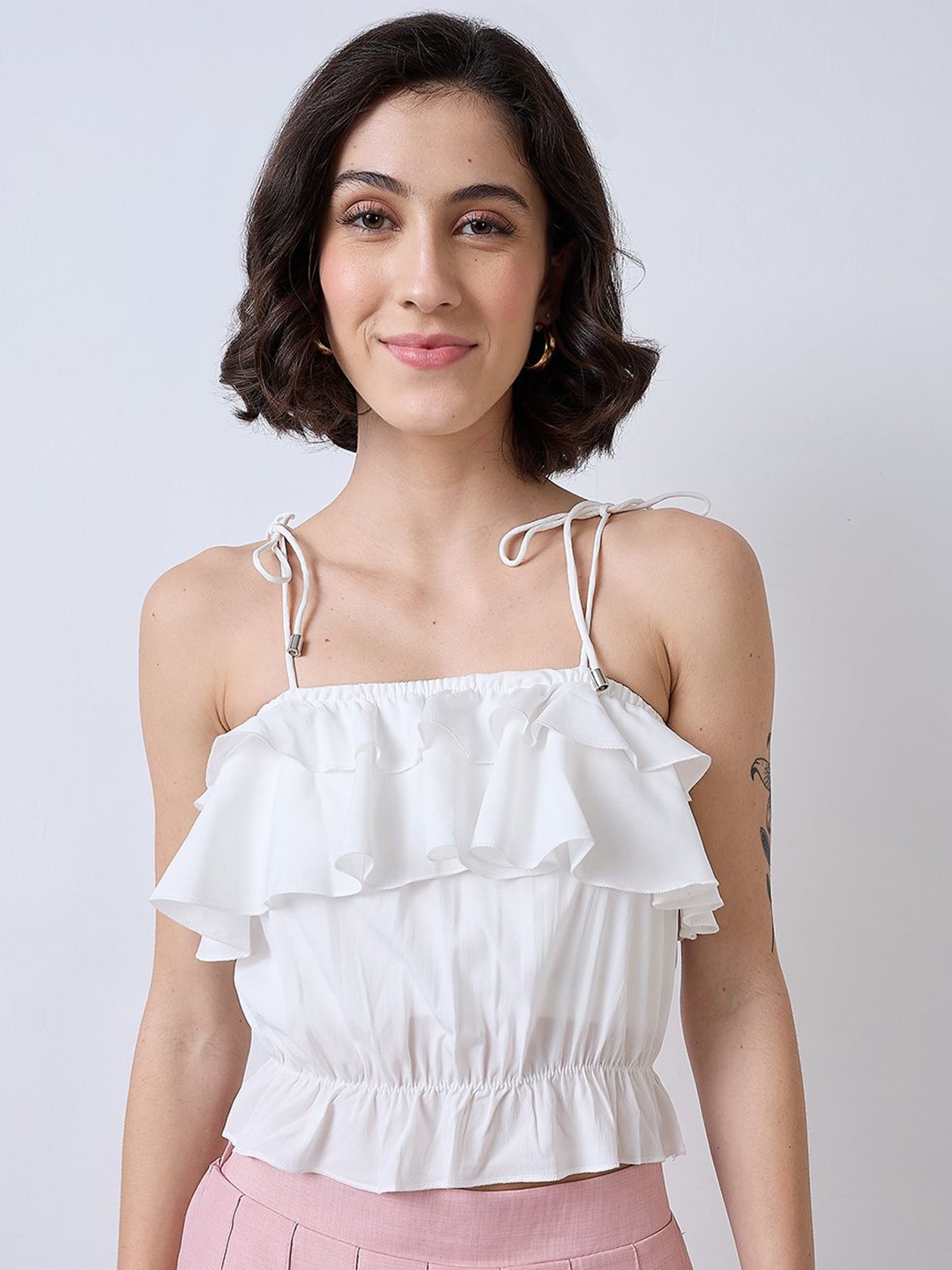 

SZN Off-Shoulder Cinched Waist Crop Top, White