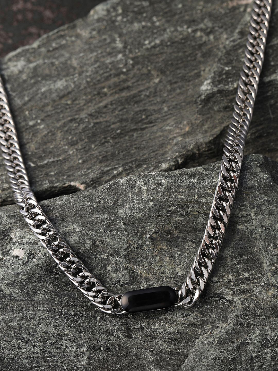 

French Accent Men Silver-Plated Artificial Stone Studded Dainty Minimal Chain
