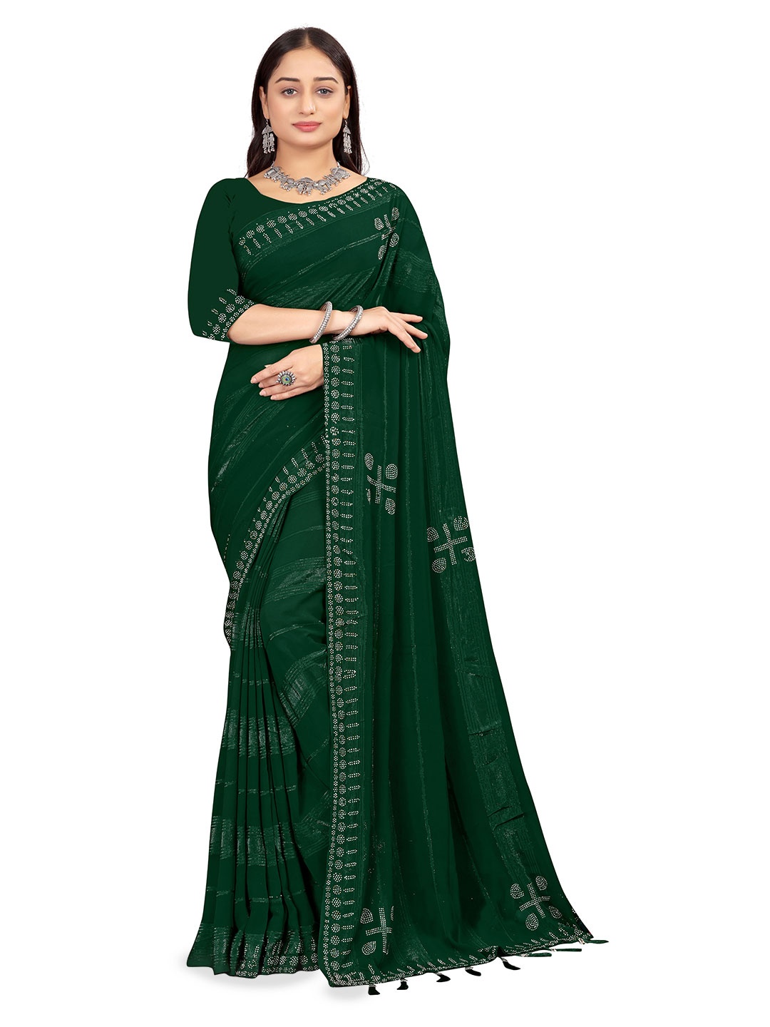 

shree krishna fashion Embellished Poly Chiffon Half and Half Leheriya Saree, Green