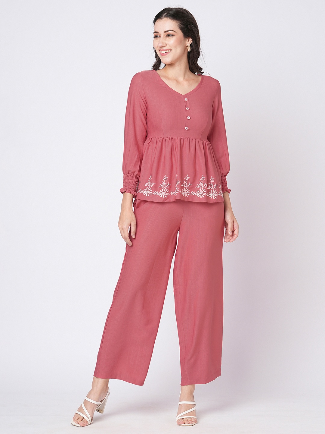 

Moda Rapido Embroidered Long Sleeves Top With Trousers Co-Ords, Rose