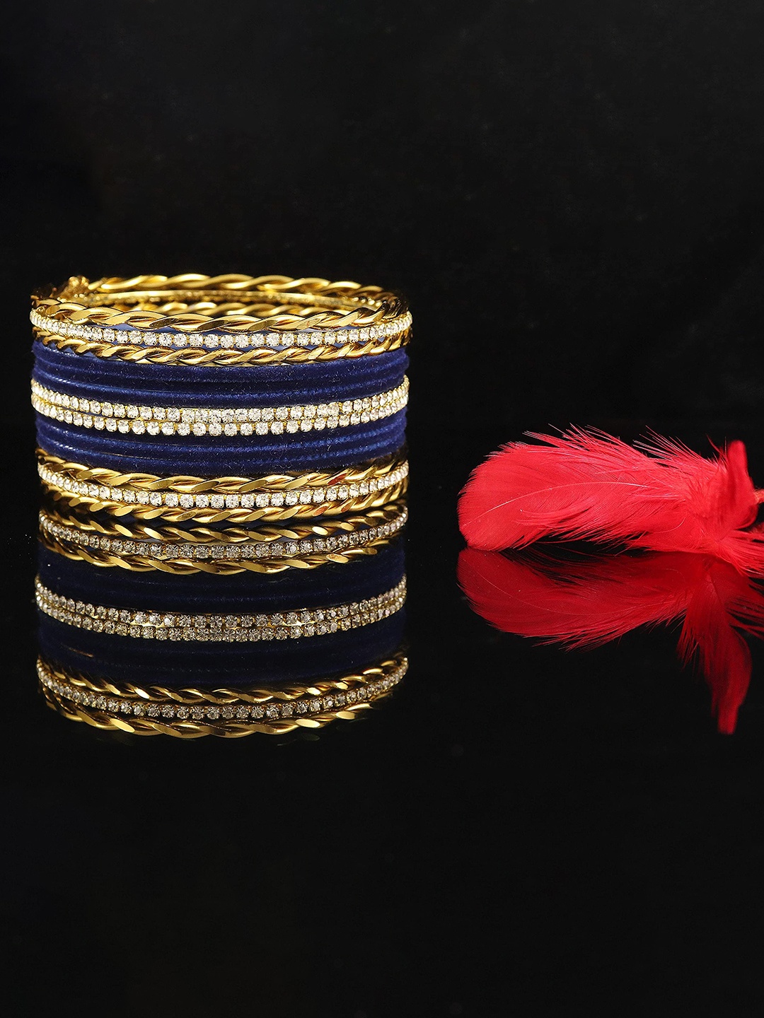 

ZULKA Set Of 28 Cubic Zirconia Stone Studded Velvet Bangles, Gold