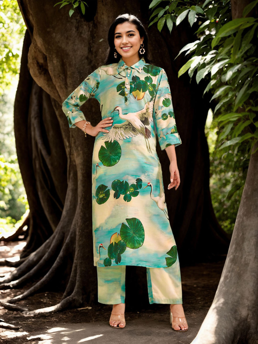 

Moda Rapido Floral Printed Shirt Collar Straight Kurta With Trouser, Cream