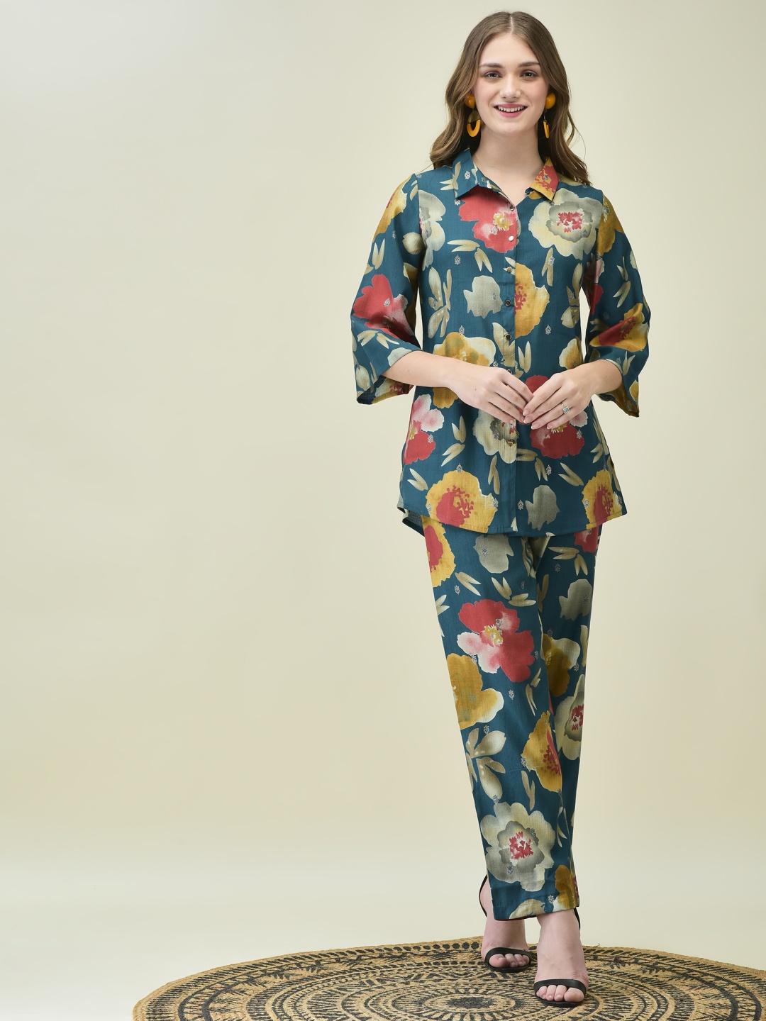 

Shree Floral Printed Shirt Collar Tunic With Trousers, Blue