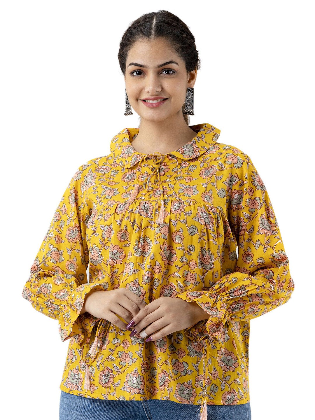 

DMP FASHION Floral Print Tie-Up Neck Puff Sleeve Cotton Boxy Top, Yellow