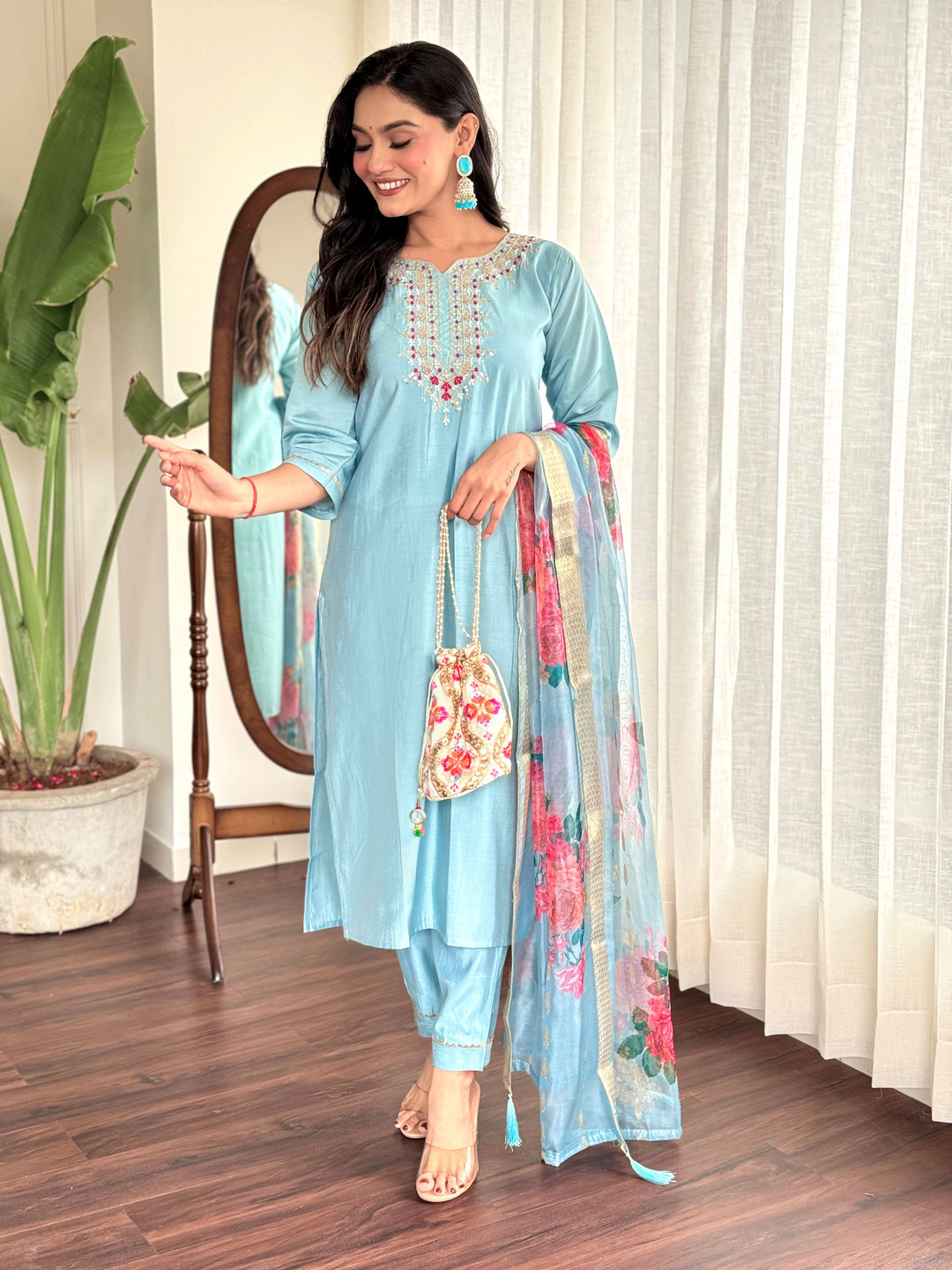 

KALINI Women Floral Embroidered Regular Gotta Patti Kurta with Trousers & With Dupatta, Blue