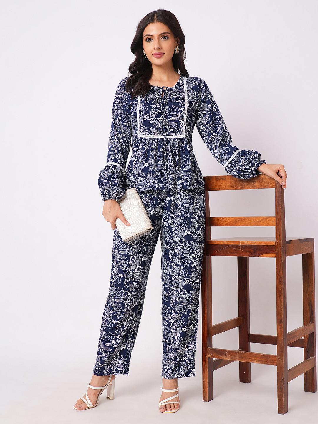 

Moda Rapido Floral Printed Tie Up Neck Top & Trousers, Navy blue