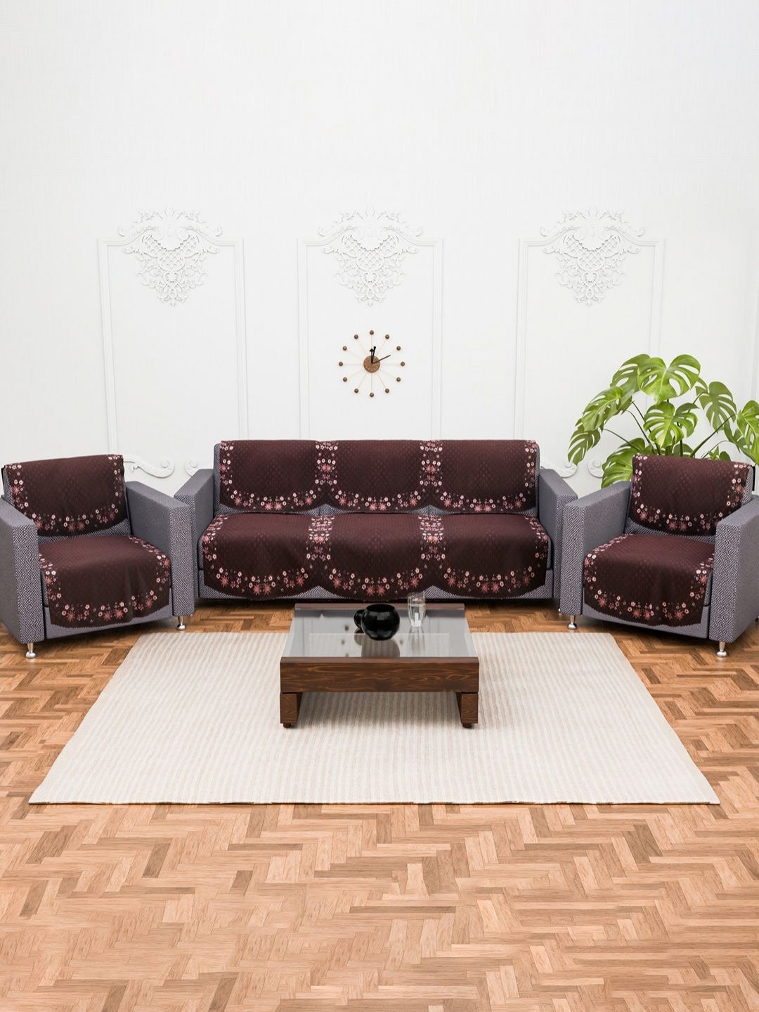 

Aura Brown & Pink 10 Pieces Velvet 5 Seater Sofa Cover