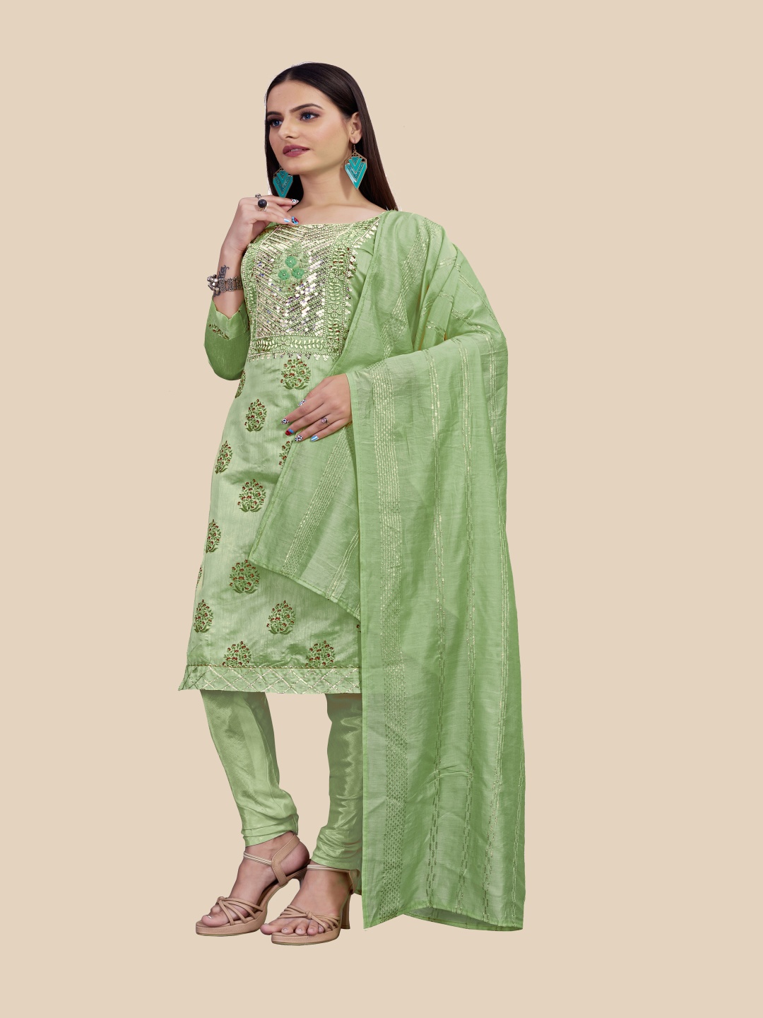 

HERE&NOW Floral Printed Sequinned Unstitched Dress Material, Lime green