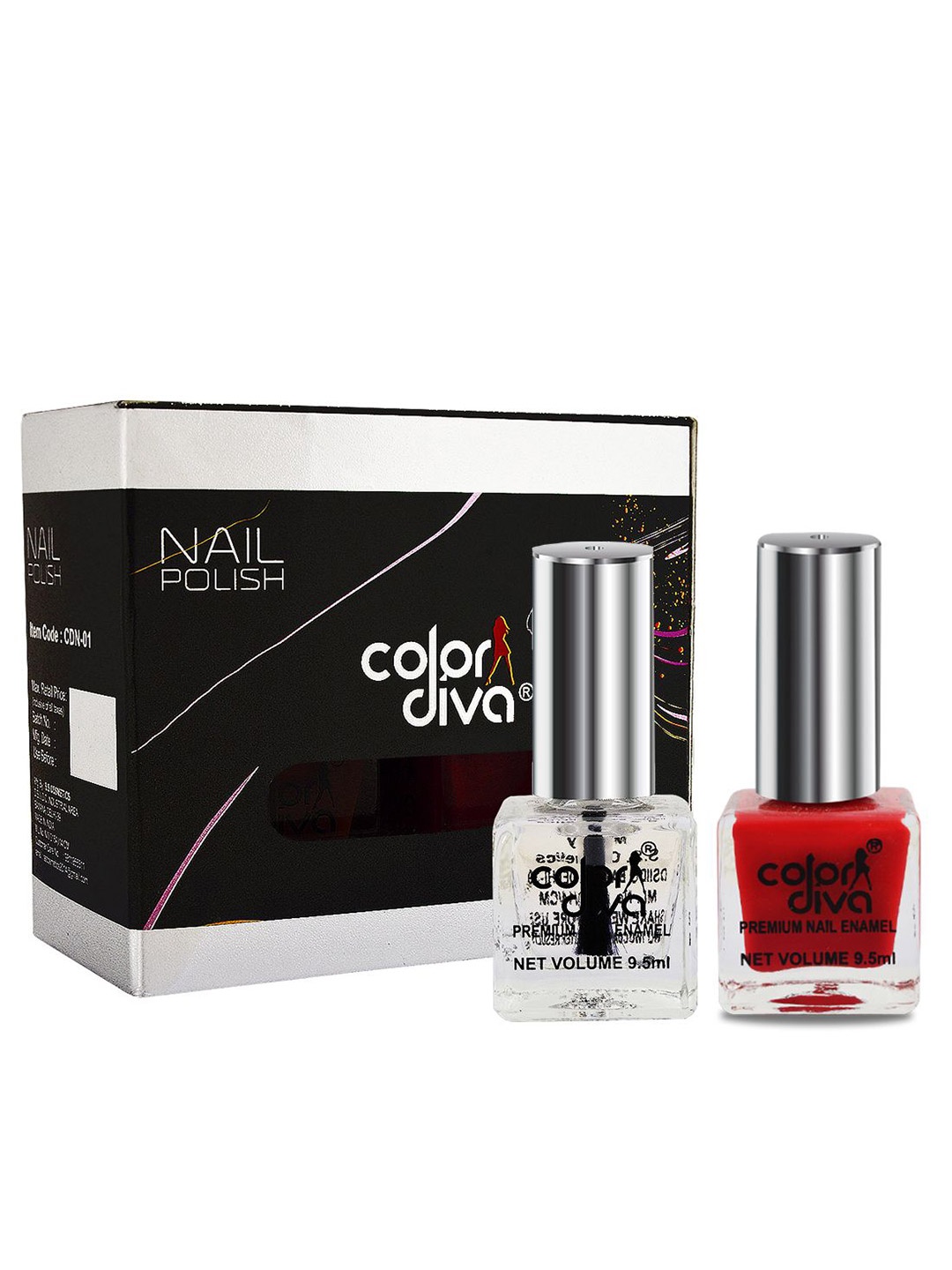 

Color Diva Set Of 2 Long Lasting Nail Enamel - 9.5 ml Each - Red-Top Coat