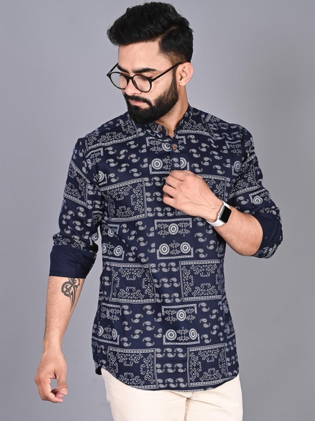 

PulseIQ Geometric Printed Cotton Mandarin Collar Straight Kurta, Blue