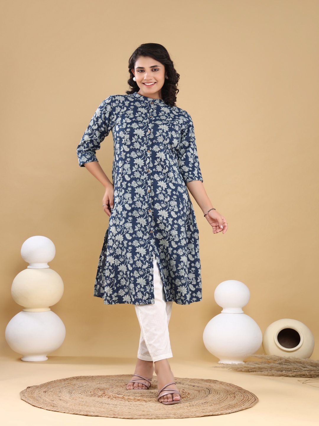 

VASVI Floral Printed Mandarin Collar Kantha Work A-Line Kurta, Blue