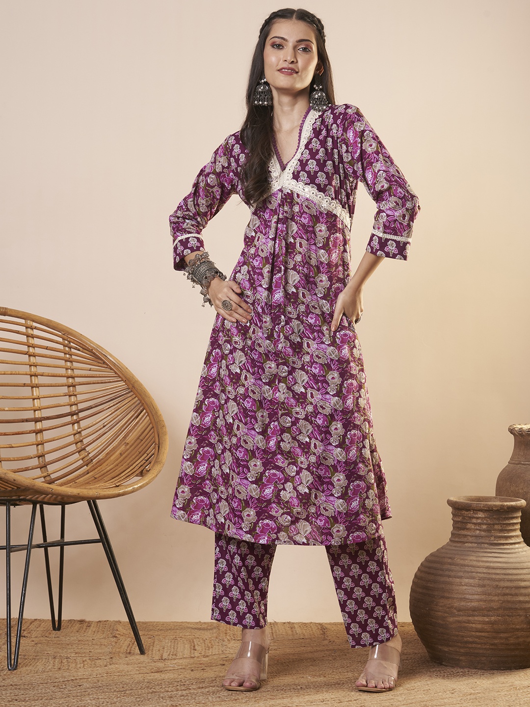 

FASHOR Women Ethnic Motifs Printed Regular Mirror Work Pure Cotton Kurta with Trousers, Purple