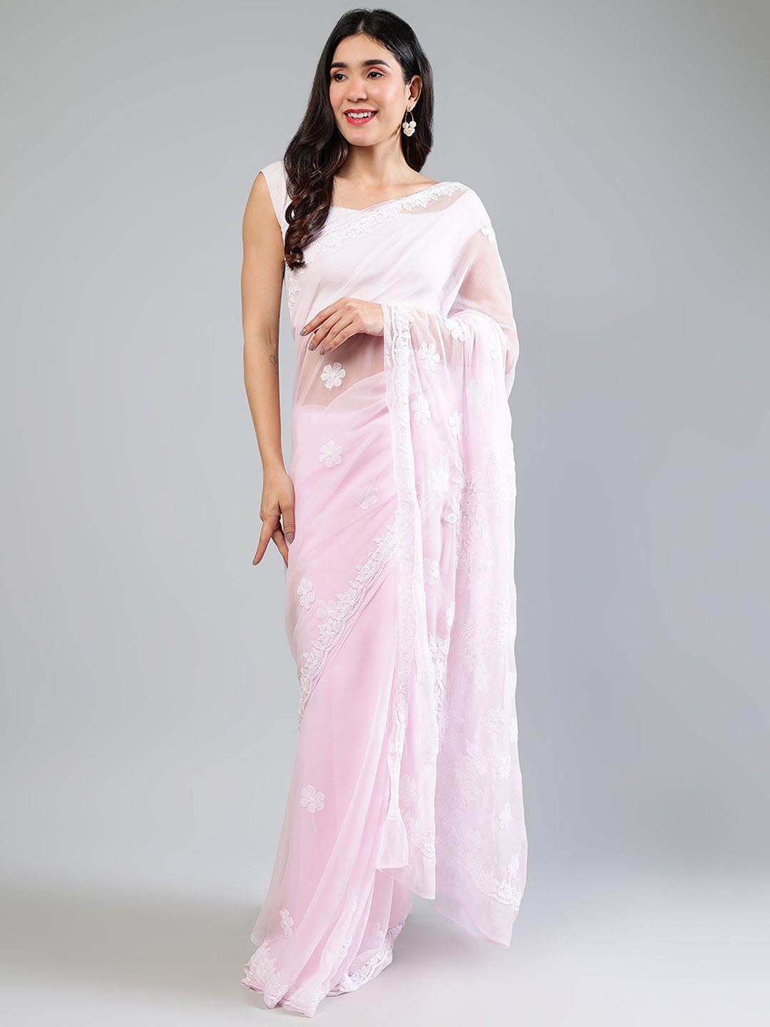 

Seva Chikan Ethnic Motifs Embroidered Poly Georgette Saree, Pink