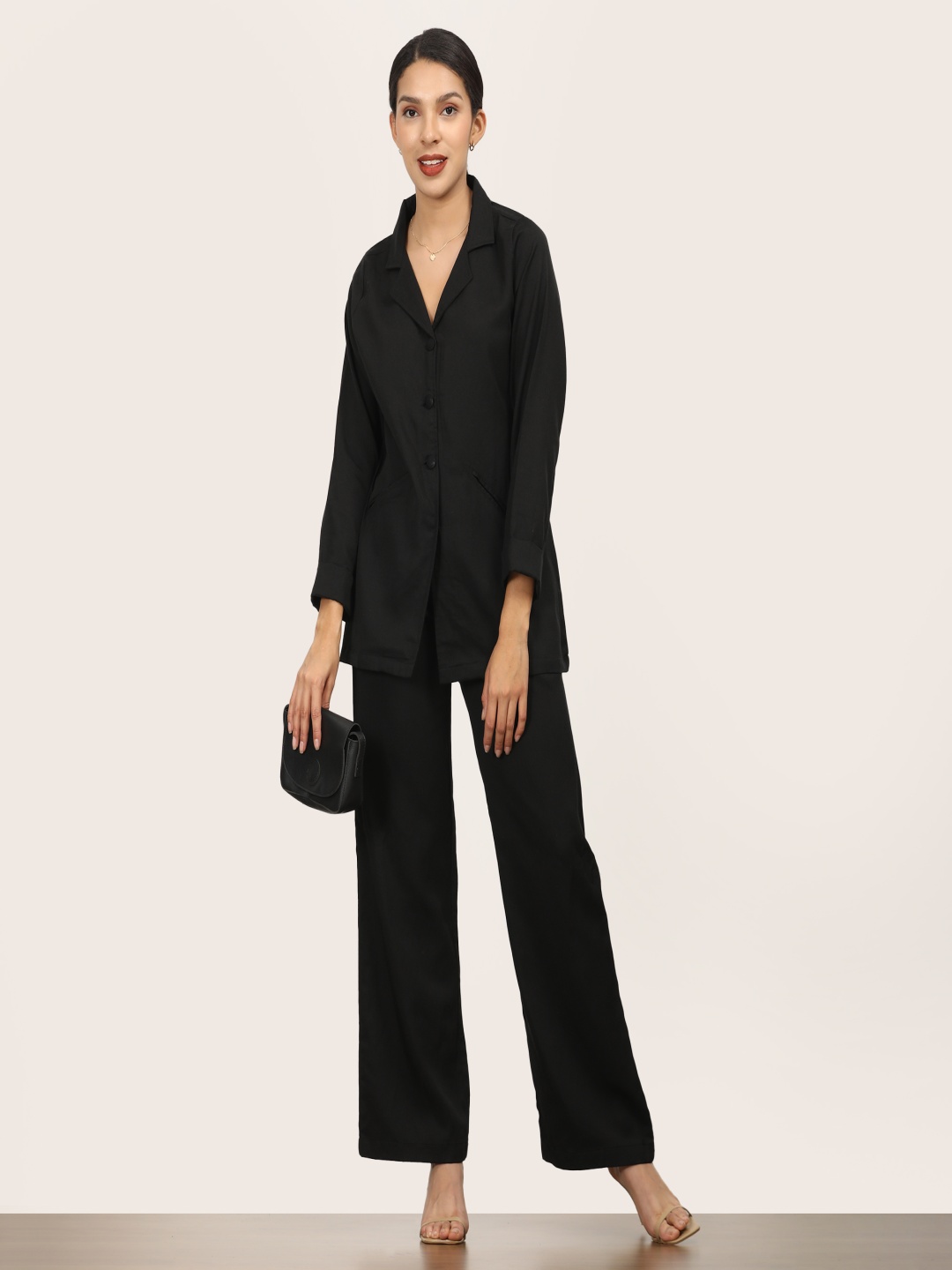 

Saltpetre Shirt Collar Blazer With Trousers, Black