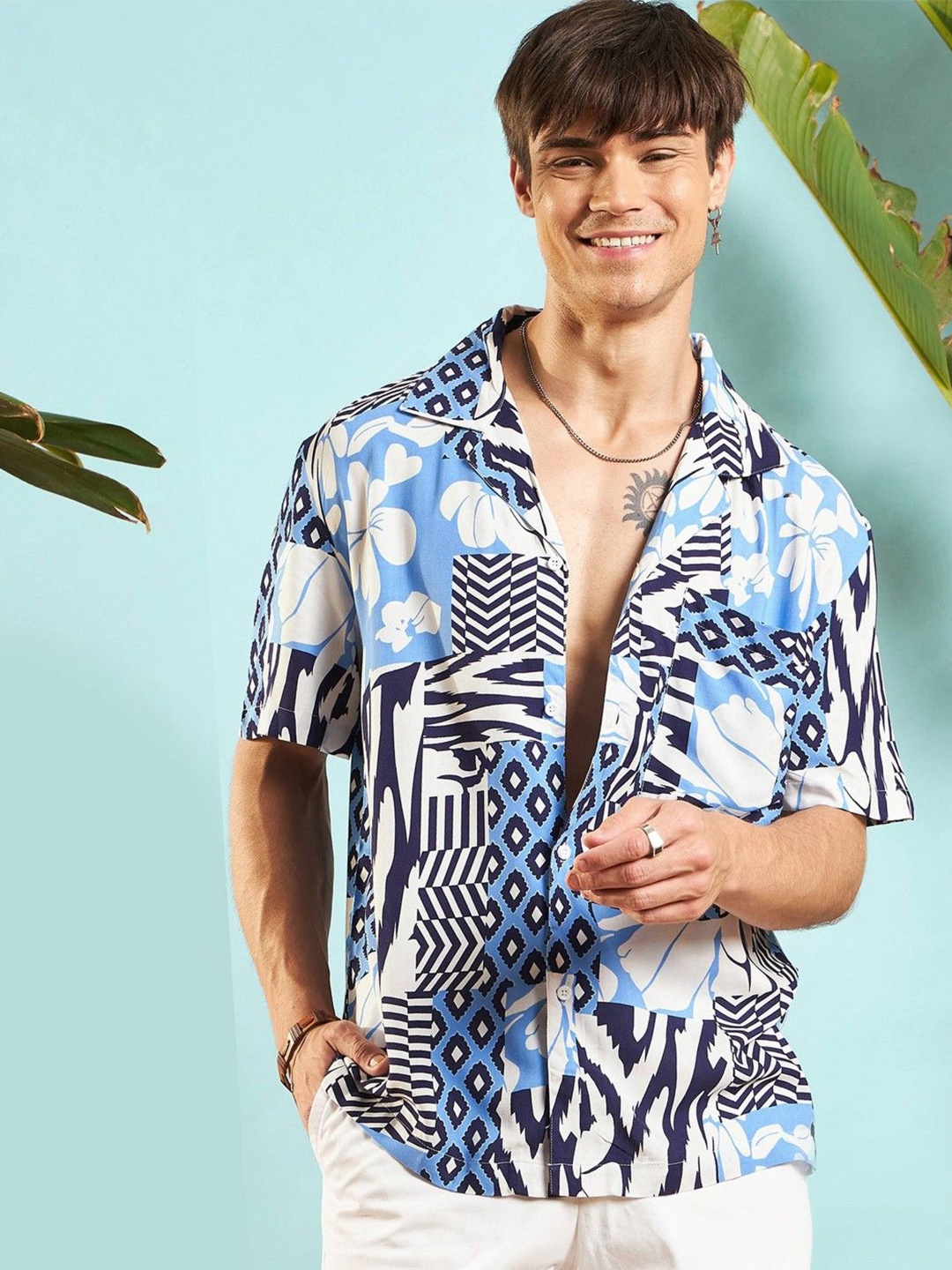 

MASCLN SASSAFRAS Unisex Relaxed Animal Opaque Printed Casual Shirt, White