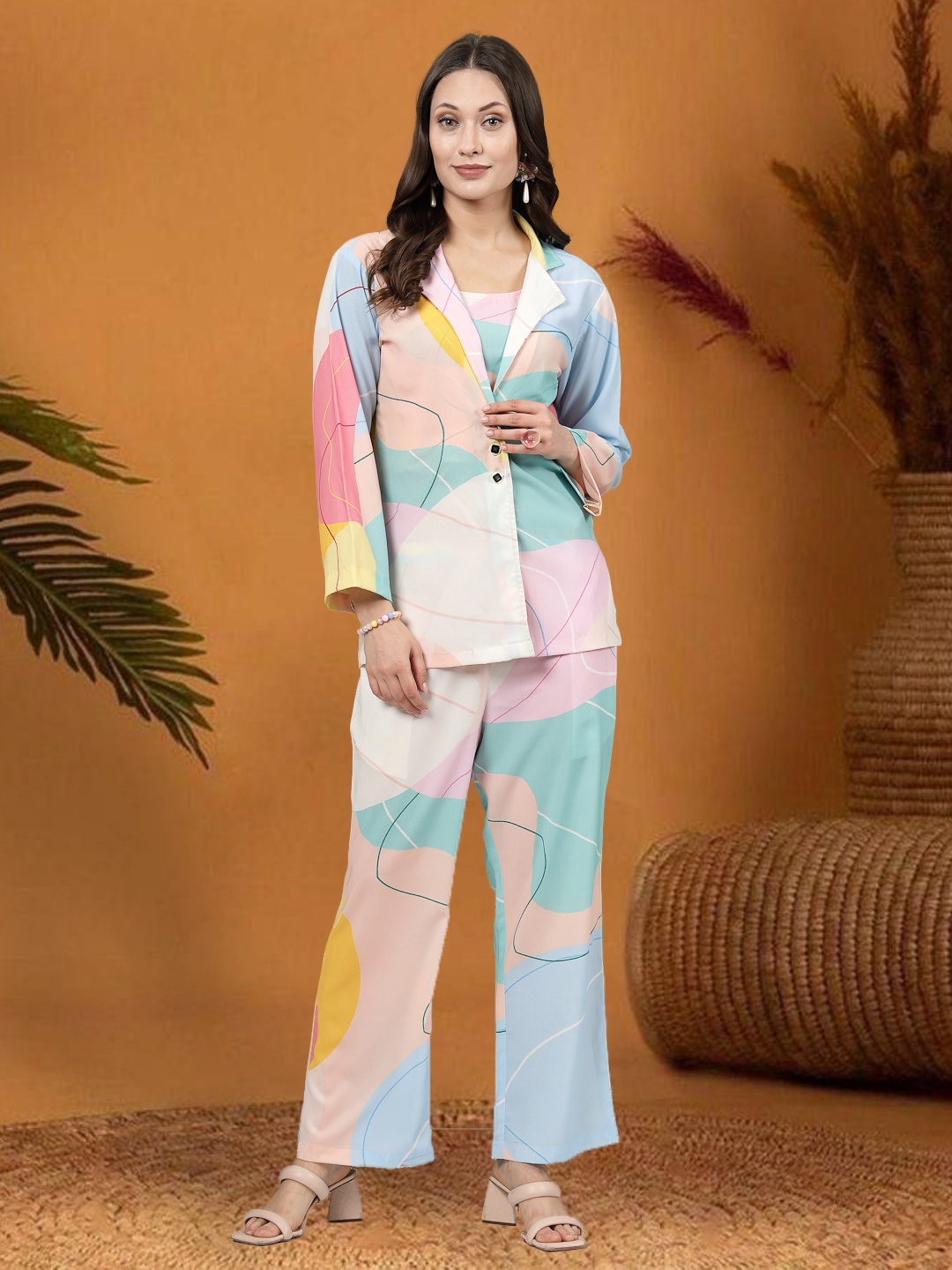 

all about you Printed Notched Lapel Blazer & Trousers With Top Co-Ords, Blue
