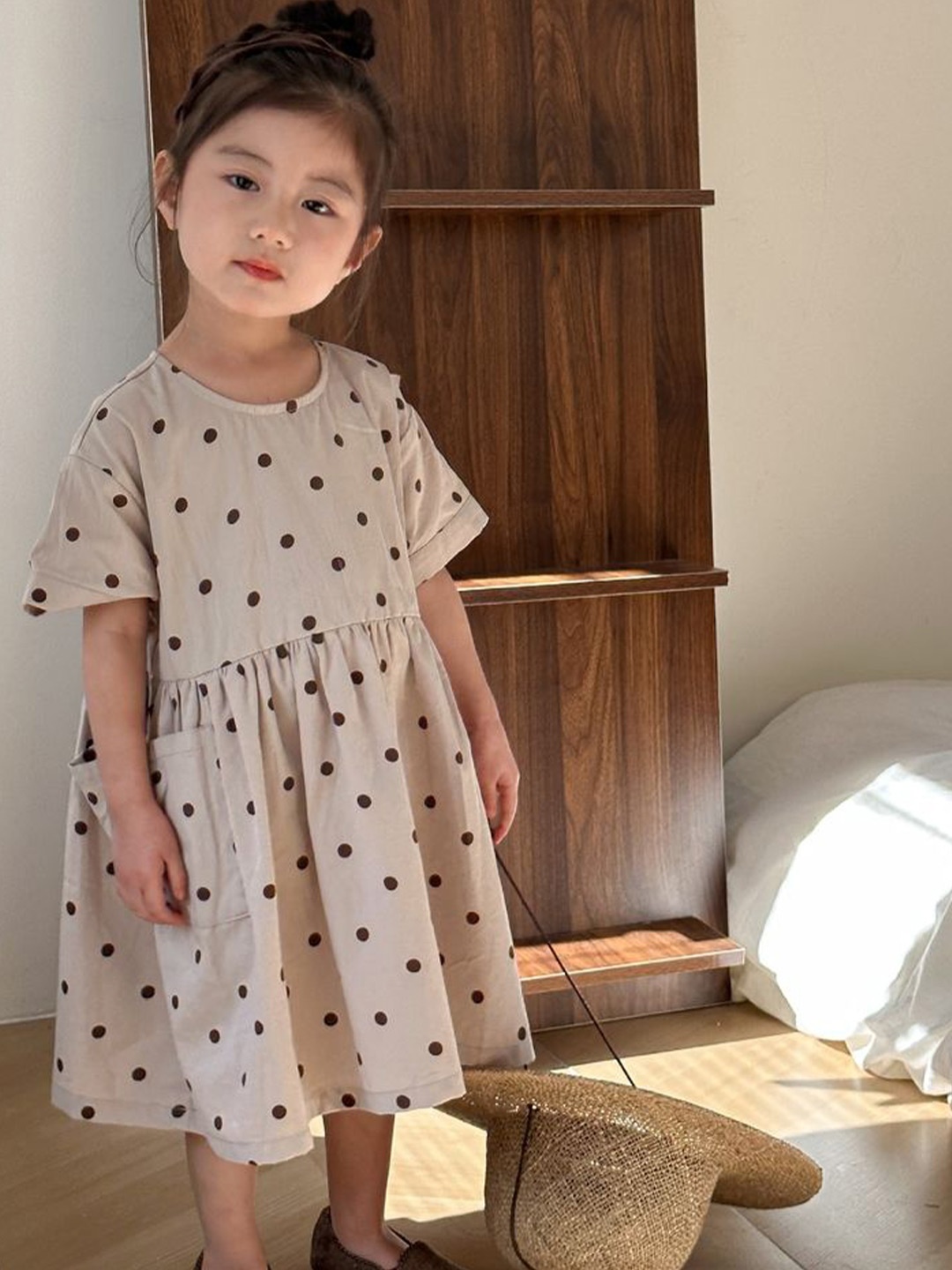 

LULU & SKY Polka Dot Printed Pure Cotton Fit & Flared Dresses, Beige